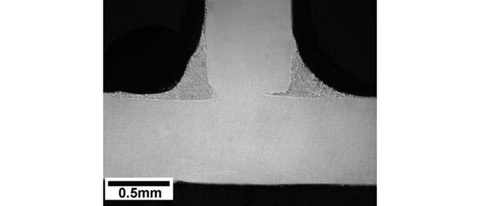 Photomicrograph of Niferobraz™ alloy on standard T-Specimen illustrates good flow and fill characteristics for Niferobraz™ 9080